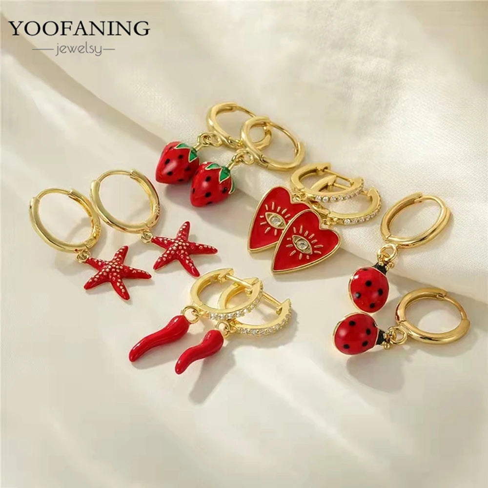925 Sterling Silver Red Series Hoop Earrings – Red Zircon Love, Strawberry & Starfish Design - Image 4