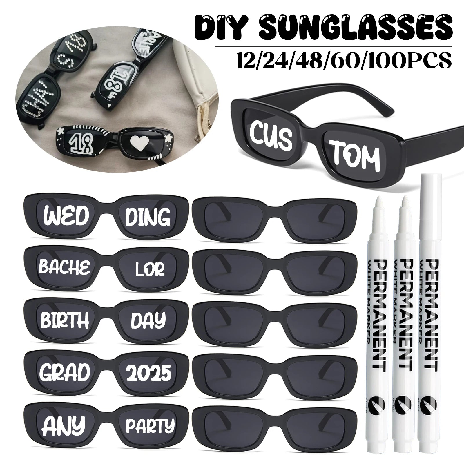 12–100 PCS Custom Wedding Sunglasses – Retro Square DIY Glasses with Pens for Parties & Events (GRAD 2025)