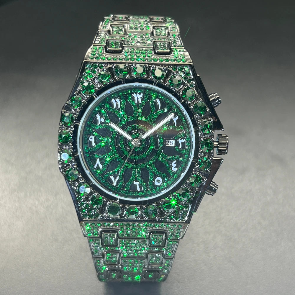 2024 Hip Hop Green Diamond Watch – Men's Fashion Square Quartz Wristwatch with Iced-Out Design - Image 2