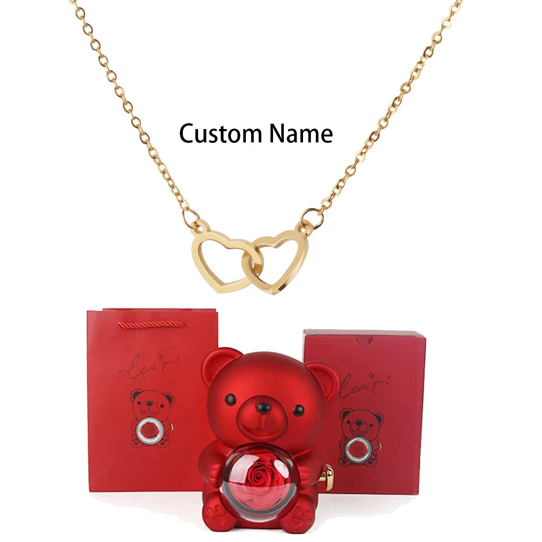 Custom Text Double Love Heart Eternal Necklace – With Luxury Bear & Rose Gift Box for Women - Image 8