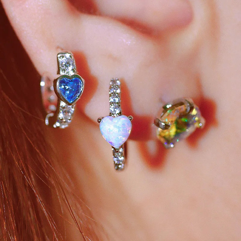1pc 2000s Aesthetic Y2K Hoop Earring – Love Heart with Opal & Zircon - Image 2