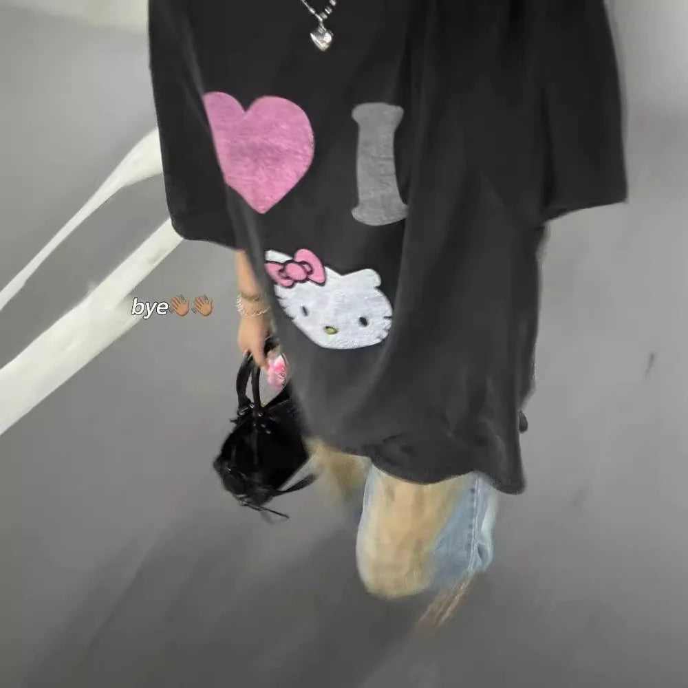 Hello Kitty Cartoon T-Shirt – Cute Loose-Fit Round Neck Casual Top for Women & Girls - Image 5