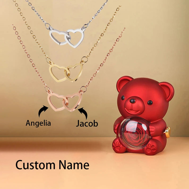Custom Text Double Heart Eternal Necklace – With Luxury Bear & Rose Gift Box