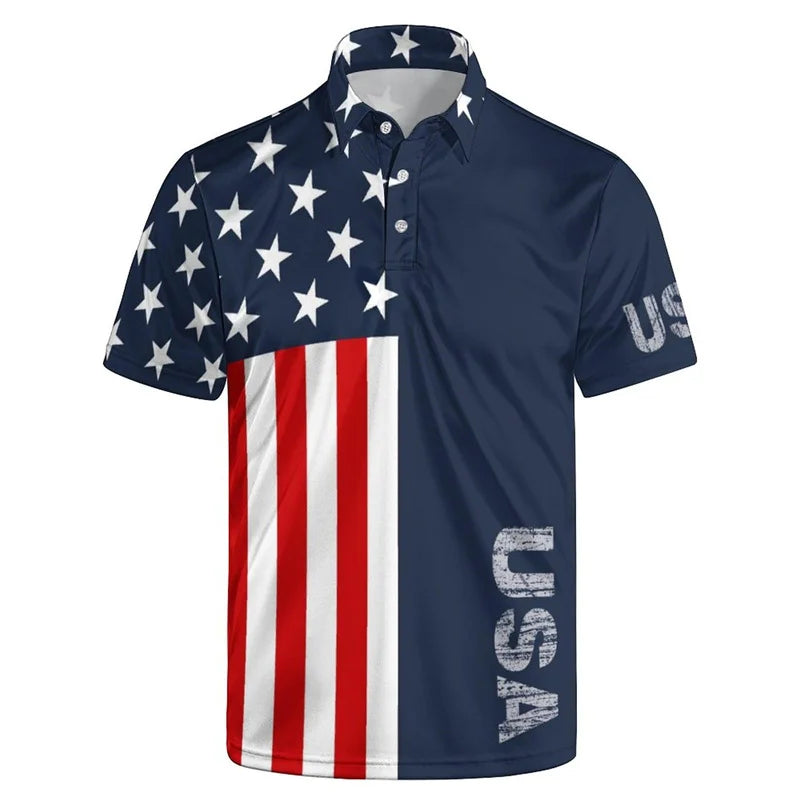 Fashion USA Flag Polo Shirt – Men’s 3D Print Short Sleeve Summer Lapel T-Shirt