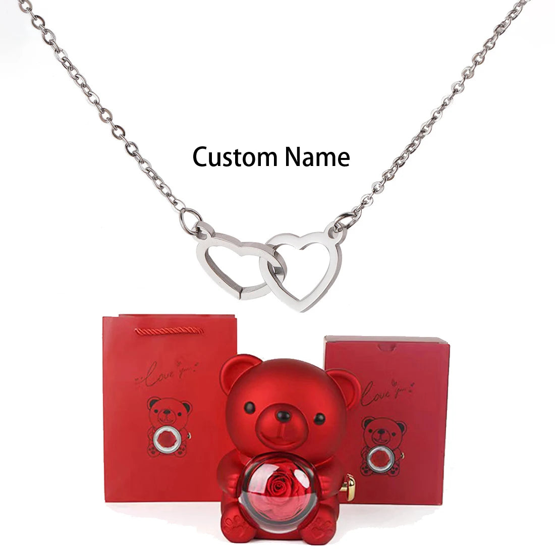 Custom Double Heart Necklace & Luxury Bear Rose Gift Box - Image 22