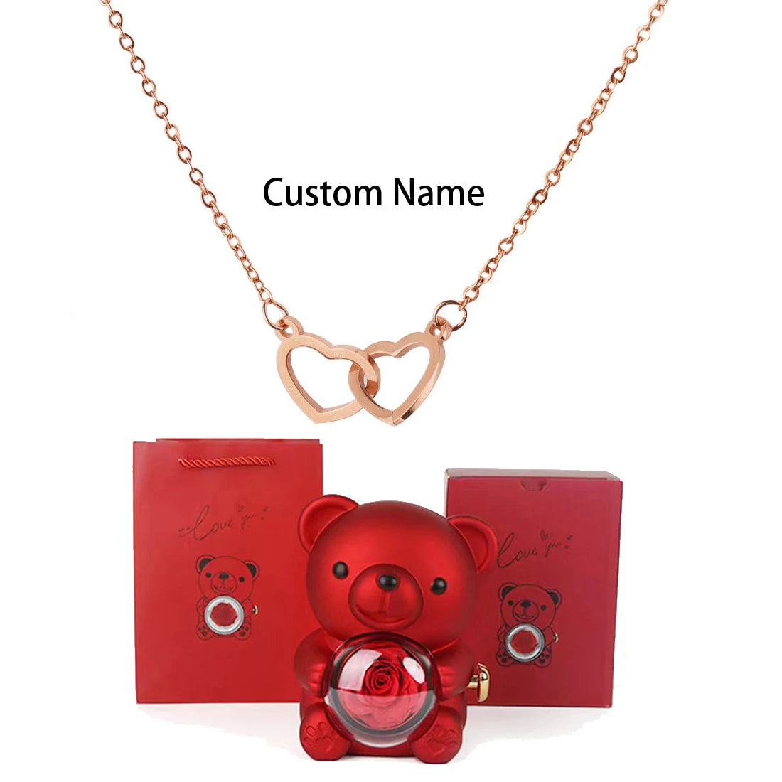 Custom Double Heart Necklace & Luxury Bear Rose Gift Box - Image 15