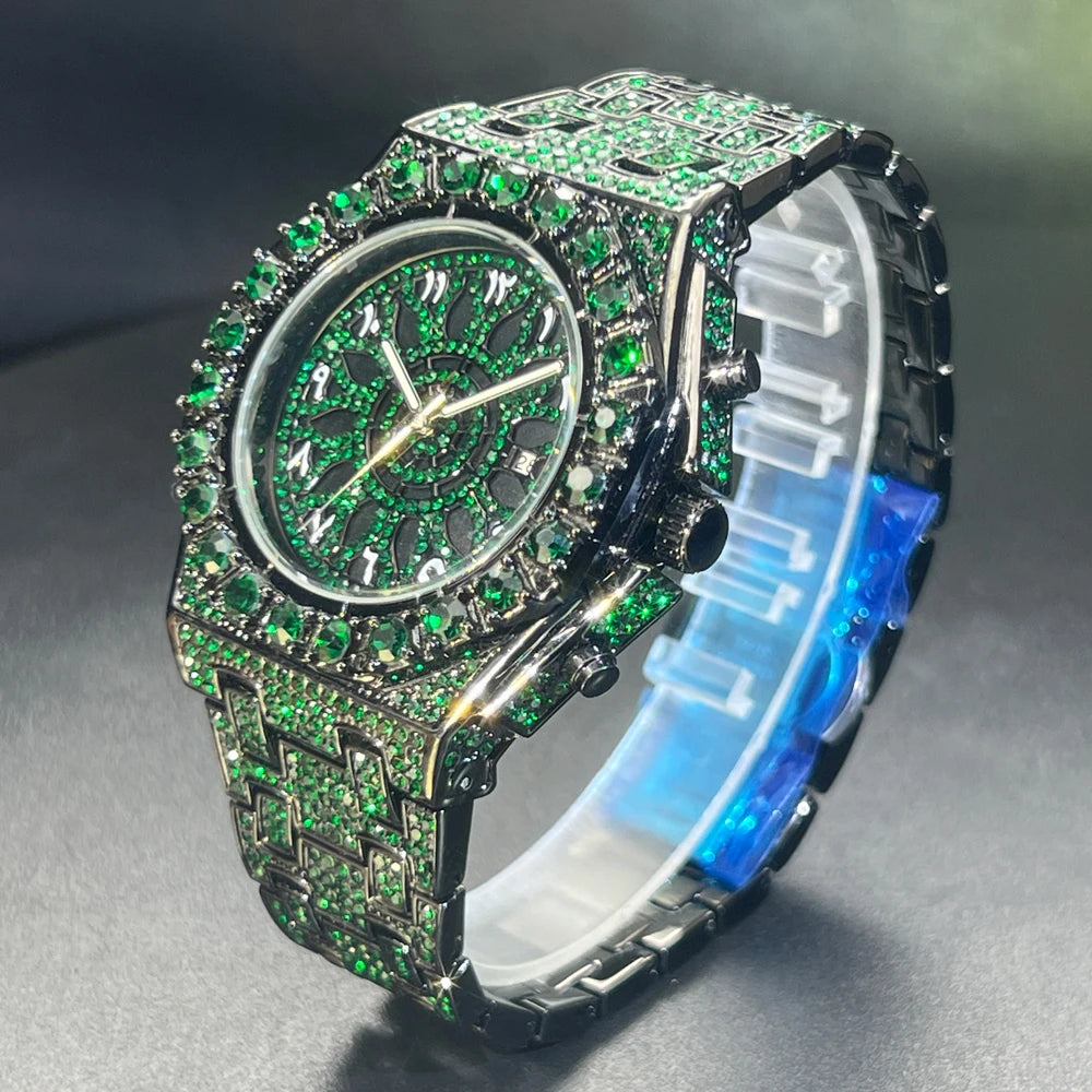 2024 Hip Hop Green Diamond Watch – Men's Fashion Square Quartz Wristwatch with Iced-Out Design - Image 3