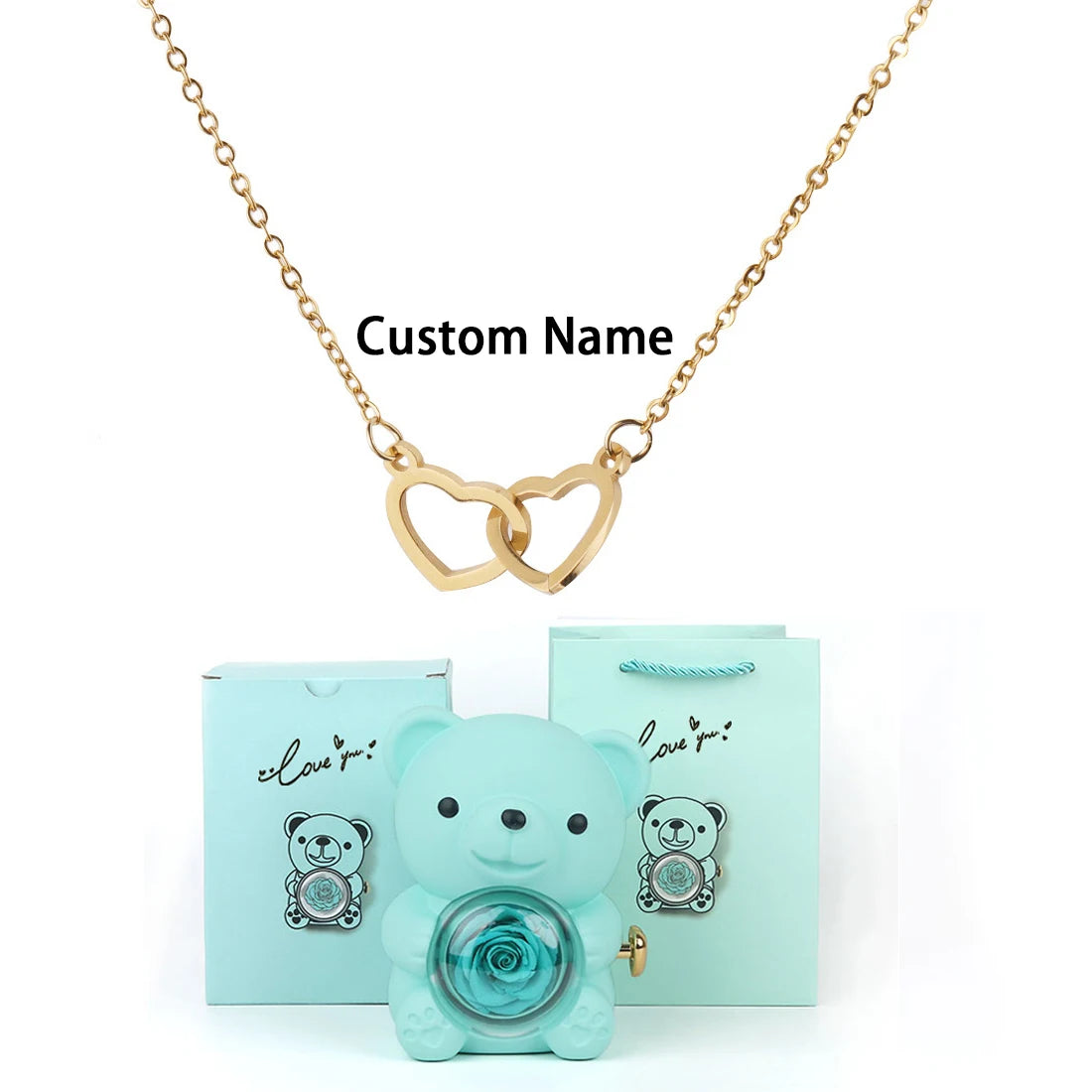 Custom Text Double Love Heart Eternal Necklace – With Luxury Bear & Rose Gift Box for Women - Image 21