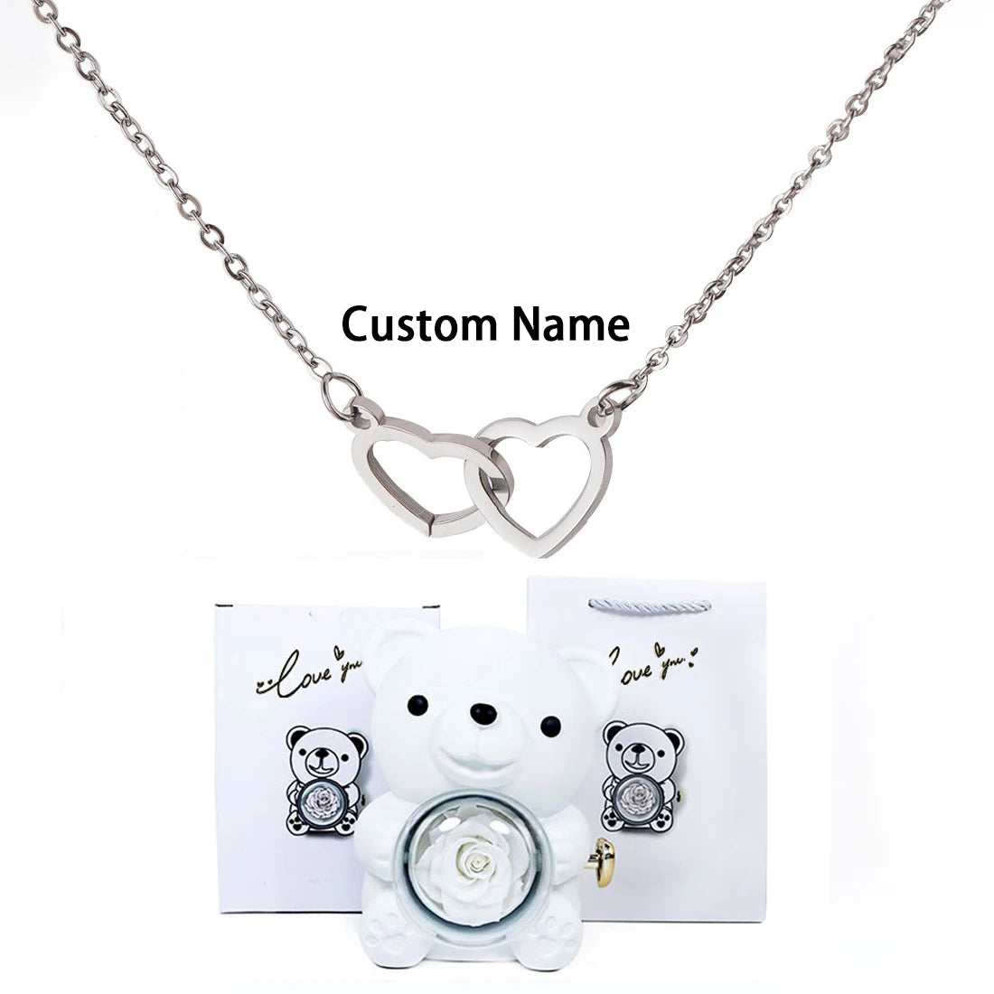 Custom Double Heart Necklace & Luxury Bear Rose Gift Box - Image 14