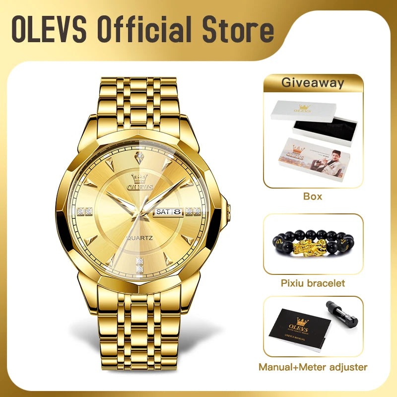 OLEVS 9977 Men's Rhombus Mirror Quartz Watch – Waterproof Luminous Stainless Steel Timepiece - Image 2