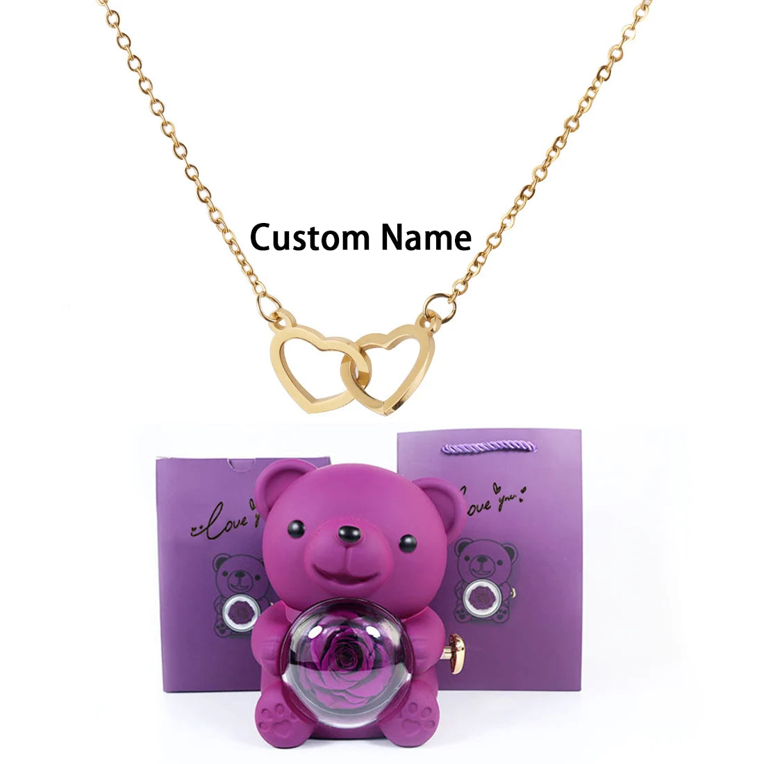Custom Text Double Love Heart Eternal Necklace – With Luxury Bear & Rose Gift Box for Women - Image 16