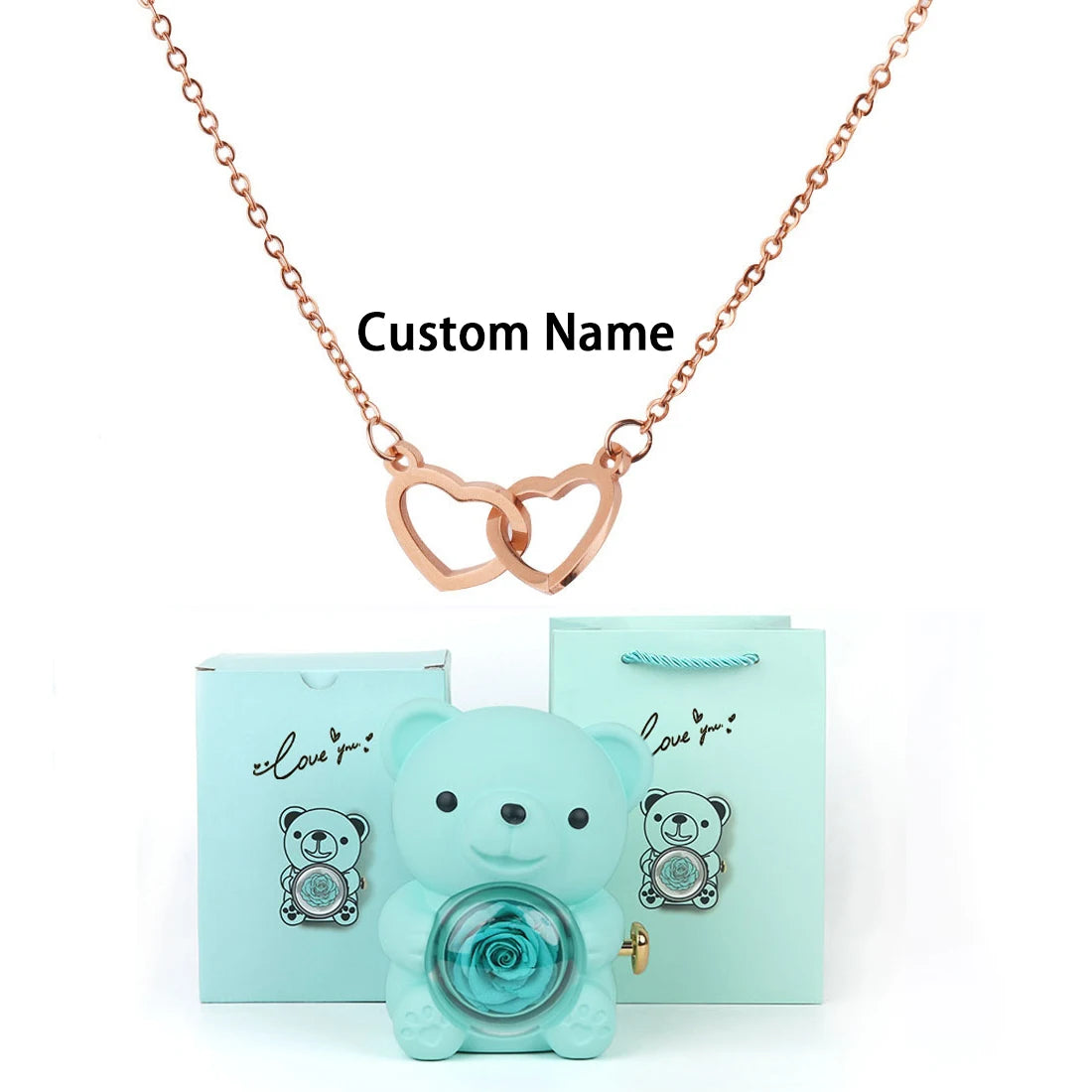 Custom Text Double Love Heart Eternal Necklace – With Luxury Bear & Rose Gift Box for Women - Image 17