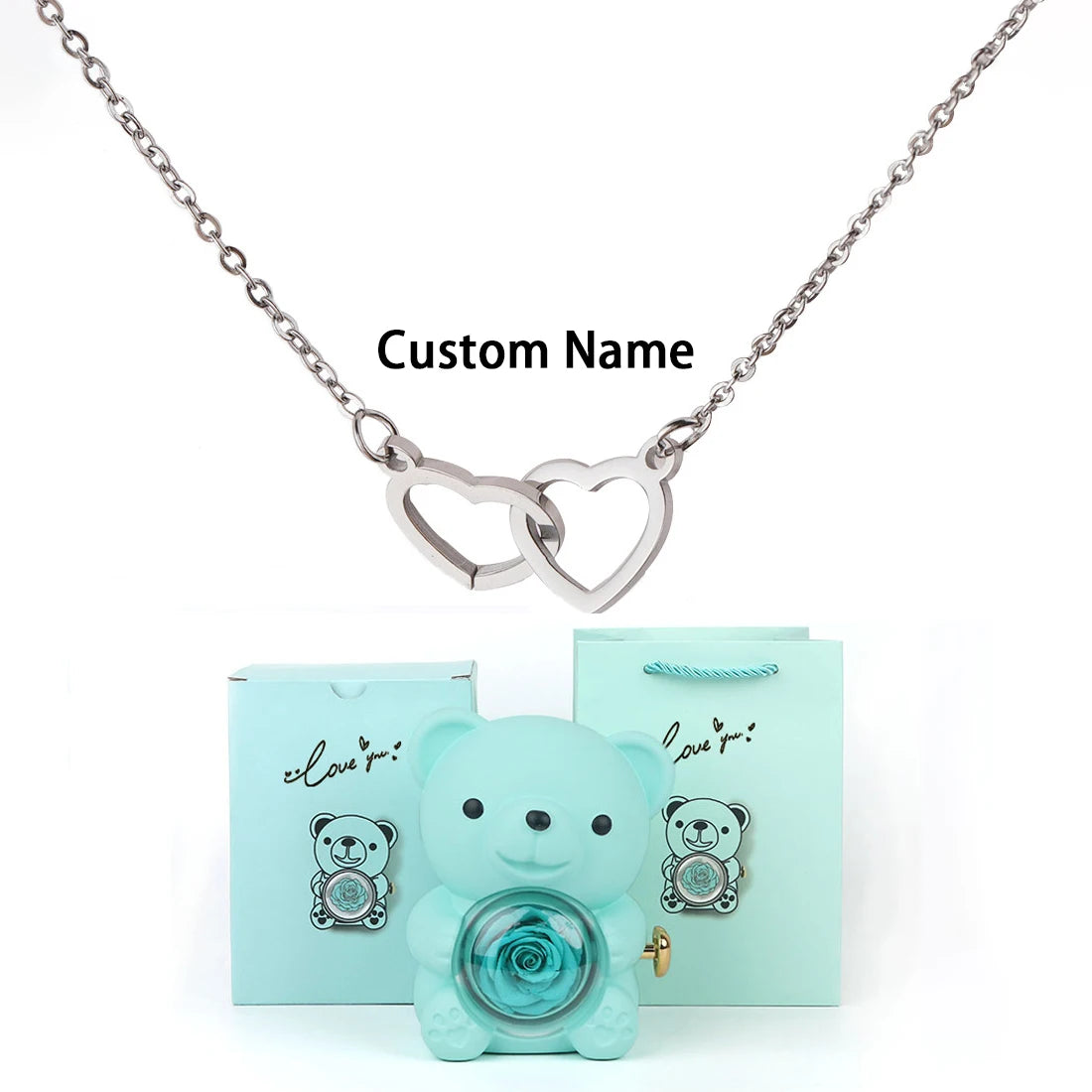 Custom Text Double Love Heart Eternal Necklace – With Luxury Bear & Rose Gift Box for Women - Image 23