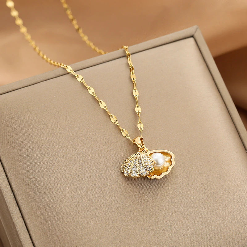 Summer Crystal Zircon Shell & Imitation Pearl Pendant Necklace – Beach Collar Jewelry for Women