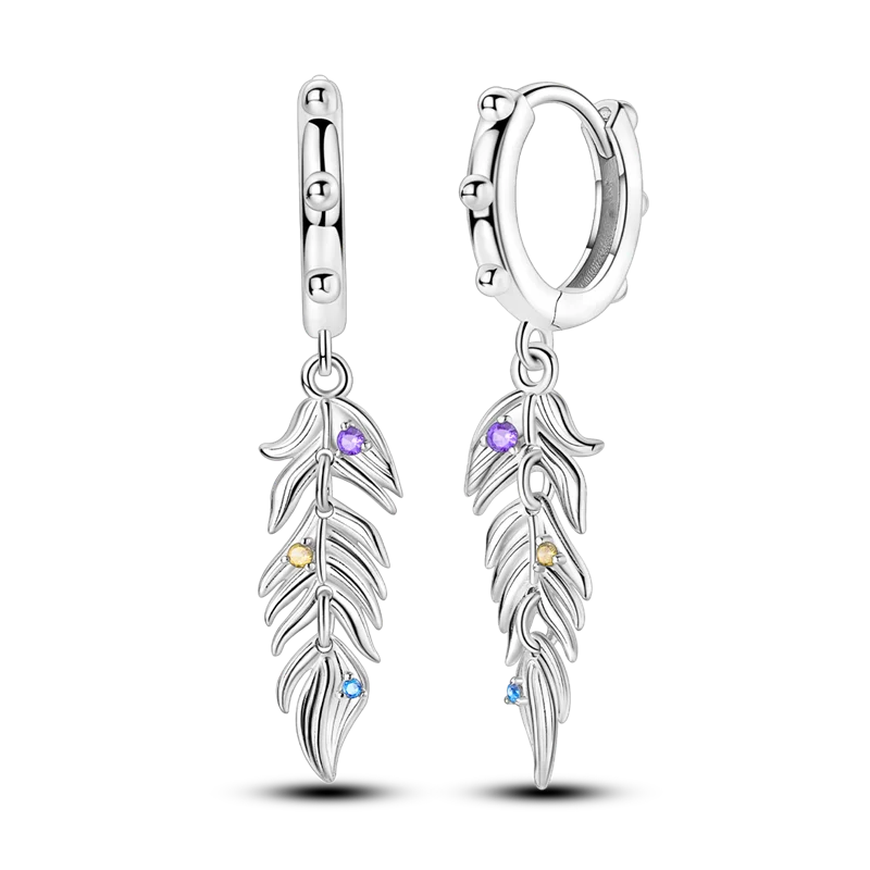 Original 925 Sterling Silver Colored Feather Earrings – 2025 Zircon Hoop Studs for Women - Image 10