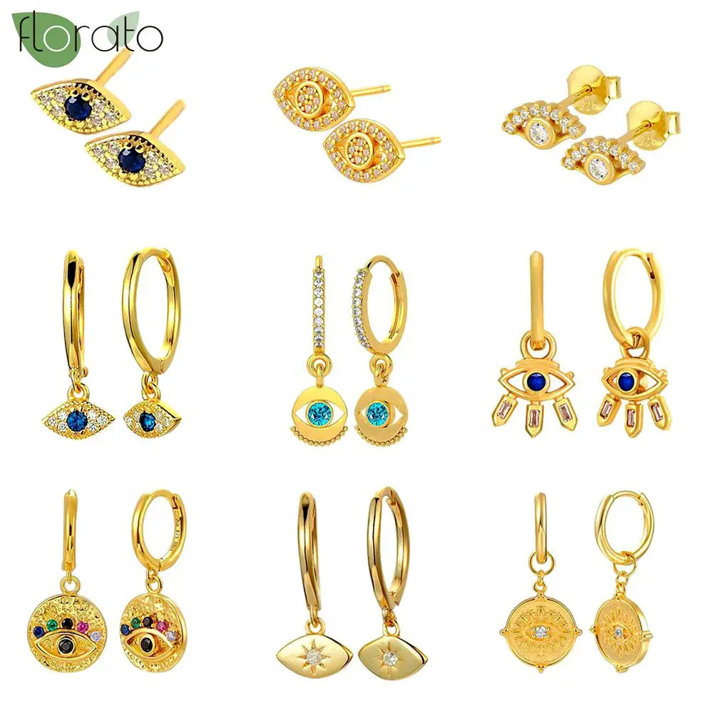 925 Sterling Silver Needle Vintage Gold Hoop Earrings – Evil Eye Pendant Jewelry for Women