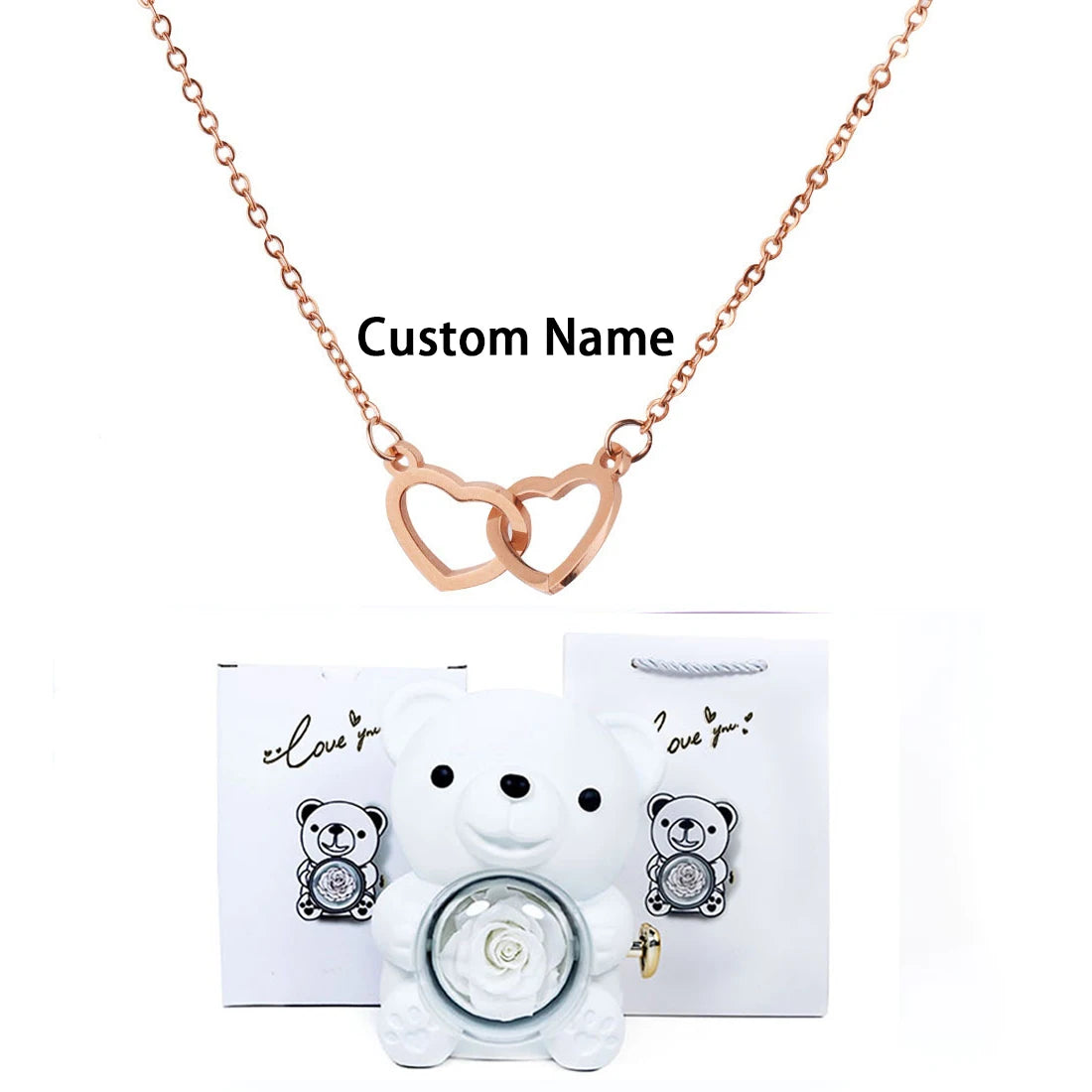 Custom Double Heart Necklace & Luxury Bear Rose Gift Box - Image 7
