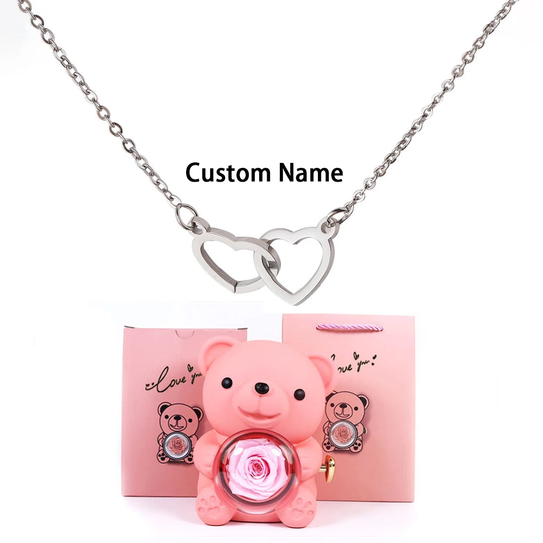 Custom Text Double Love Heart Eternal Necklace – With Luxury Bear & Rose Gift Box for Women - Image 10