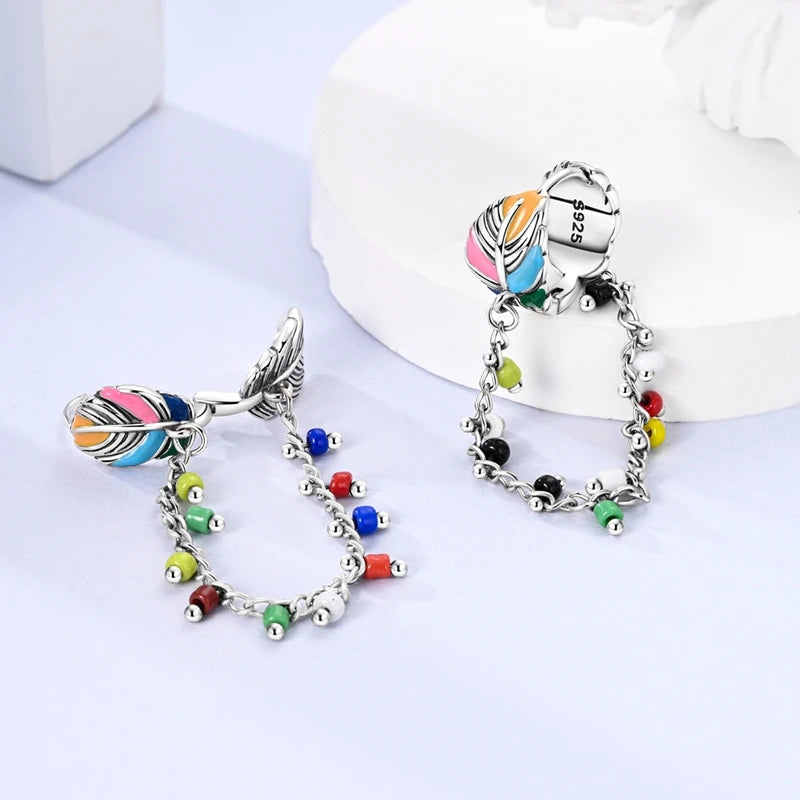 Original 925 Sterling Silver Colored Feather Earrings – 2025 Zircon Hoop Studs for Women - Image 5